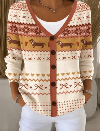 Women's loose-fit knit cardigan with playful dog motif and V-neckline
