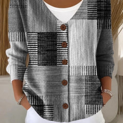Women's loose abstract graphic V-neck knit cardigan with long sleeves