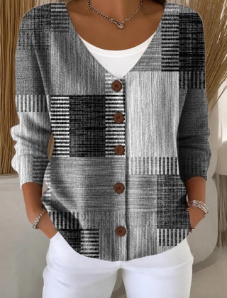 Women's loose abstract graphic V-neck knit cardigan with long sleeves