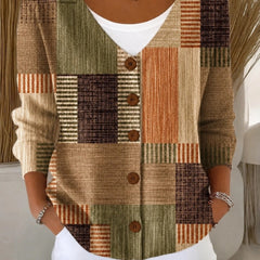 Women's loose abstract graphic V-neck knit cardigan with long sleeves