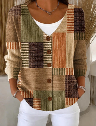 Women's loose abstract graphic V-neck knit cardigan with long sleeves
