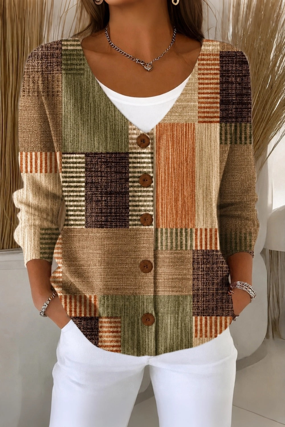 Women's loose abstract graphic V-neck knit cardigan with long sleeves