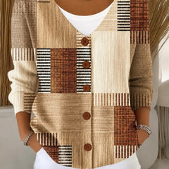 Women's loose abstract graphic V-neck knit cardigan with long sleeves