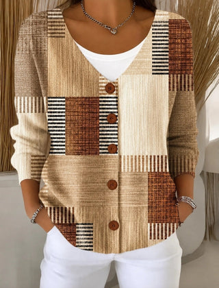 Women's loose abstract graphic V-neck knit cardigan with long sleeves