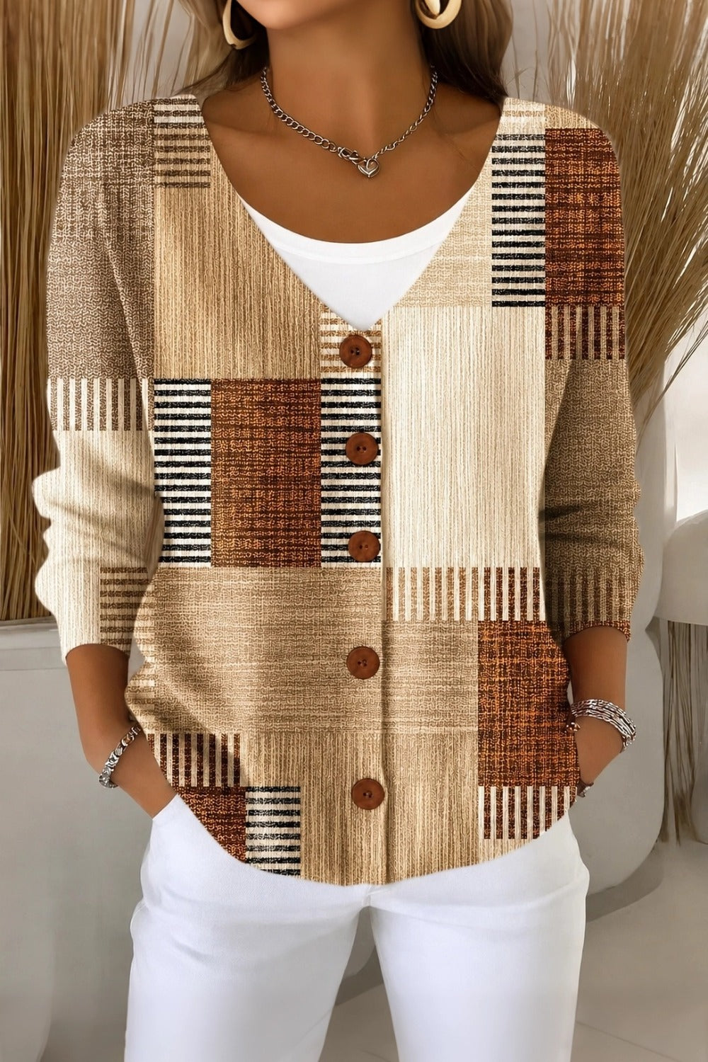 Women's loose abstract graphic V-neck knit cardigan with long sleeves