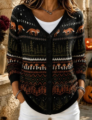 Woman wearing a loose black animal print long sleeve V-neck cardigan