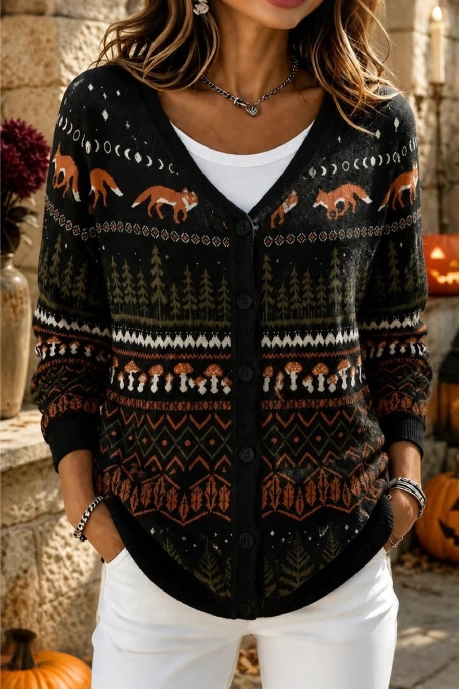 Woman wearing a loose black animal print long sleeve V-neck cardigan