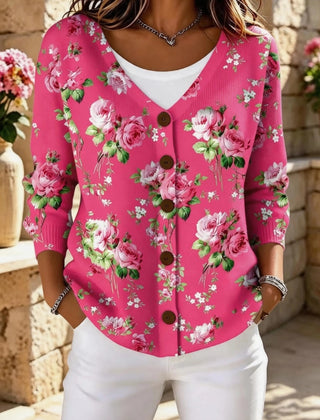 Rose red floral long sleeve V-neck cardigan with a loose relaxed fit