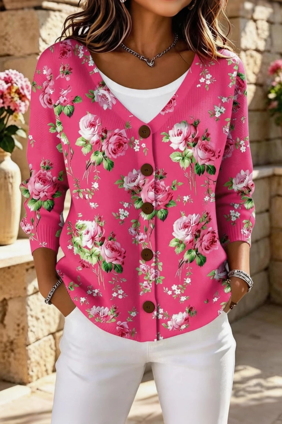 Rose red floral long sleeve V-neck cardigan with a loose relaxed fit