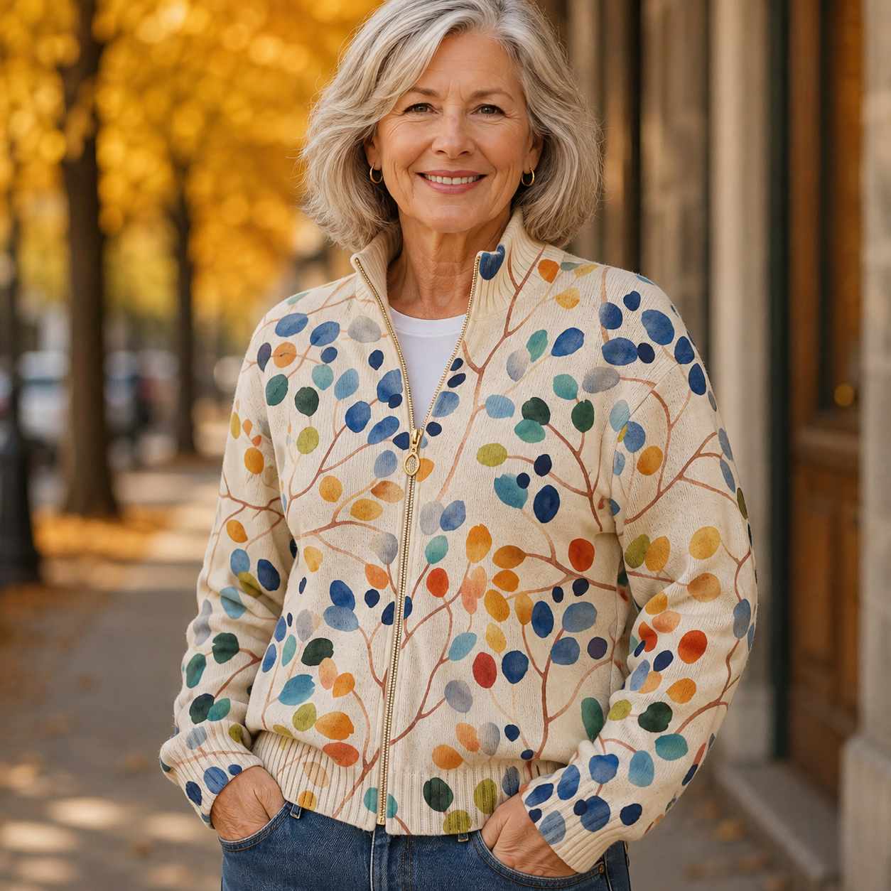 Botanical leaf print zip cardigan with gold-tone zipper in blue, orange, green and yellow