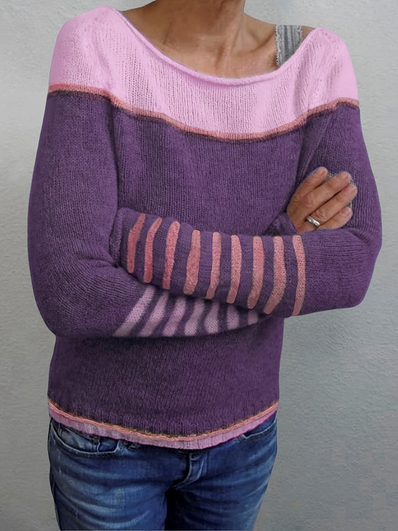 Norelle striped colour-block pullover sweater with scooped neckline and ribbed cuffs