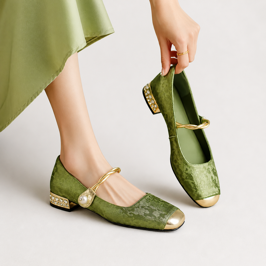 Daisy Mary Jane slip-on loafers shown in green, black and beige