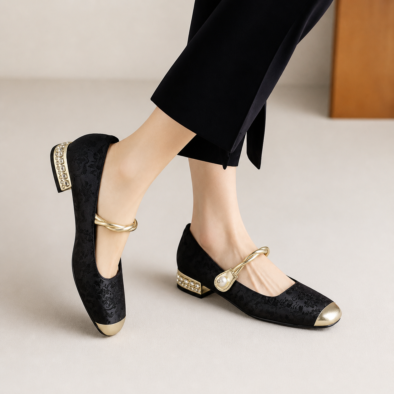 Daisy Mary Jane slip-on loafers shown in green, black and beige
