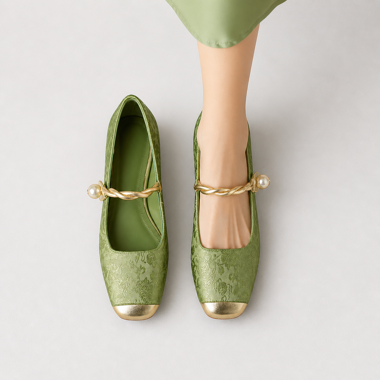Daisy Mary Jane slip-on loafers shown in green, black and beige