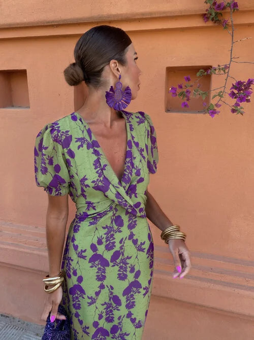 Loren | Vibrant Midi Dress with Puff Sleeves