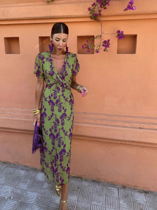 Loren | Vibrant Midi Dress with Puff Sleeves