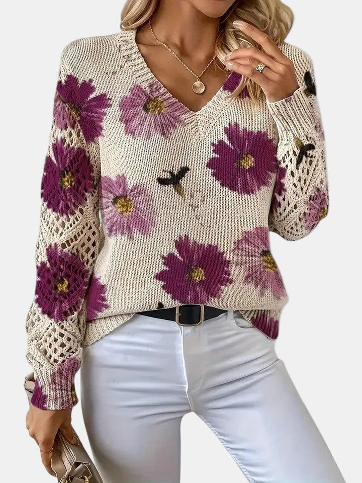 Delphine | Floral Knit V-Neck Sweater