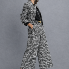 Tweed two-piece set with cropped jacket and high-waisted wide-leg trousers