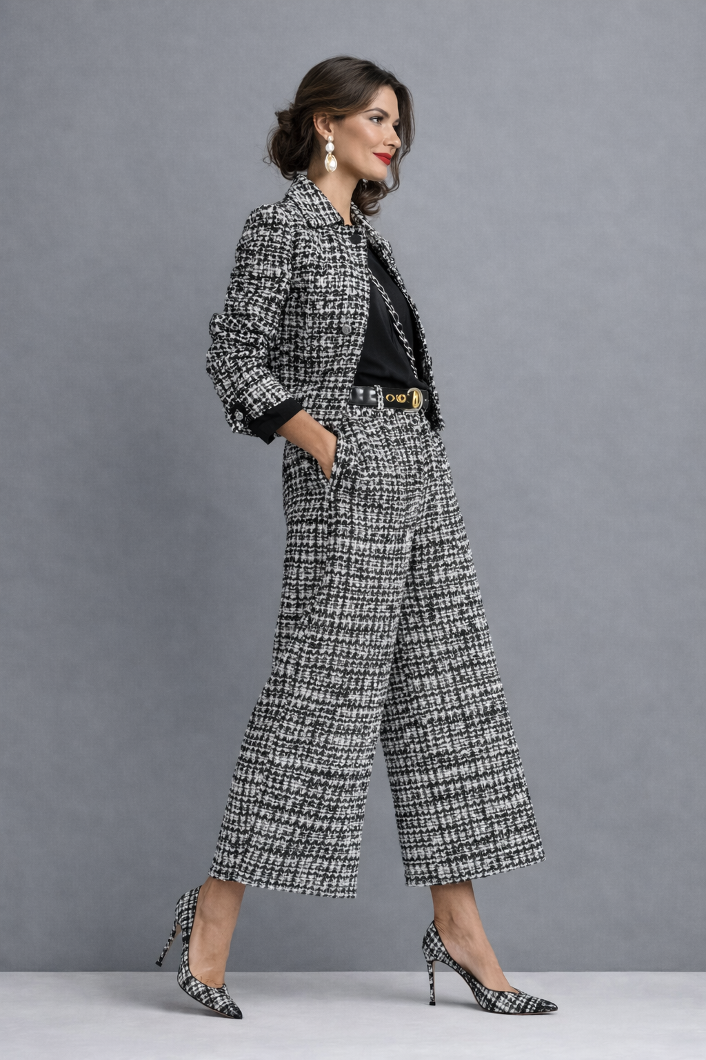 Tweed two-piece set with cropped jacket and high-waisted wide-leg trousers