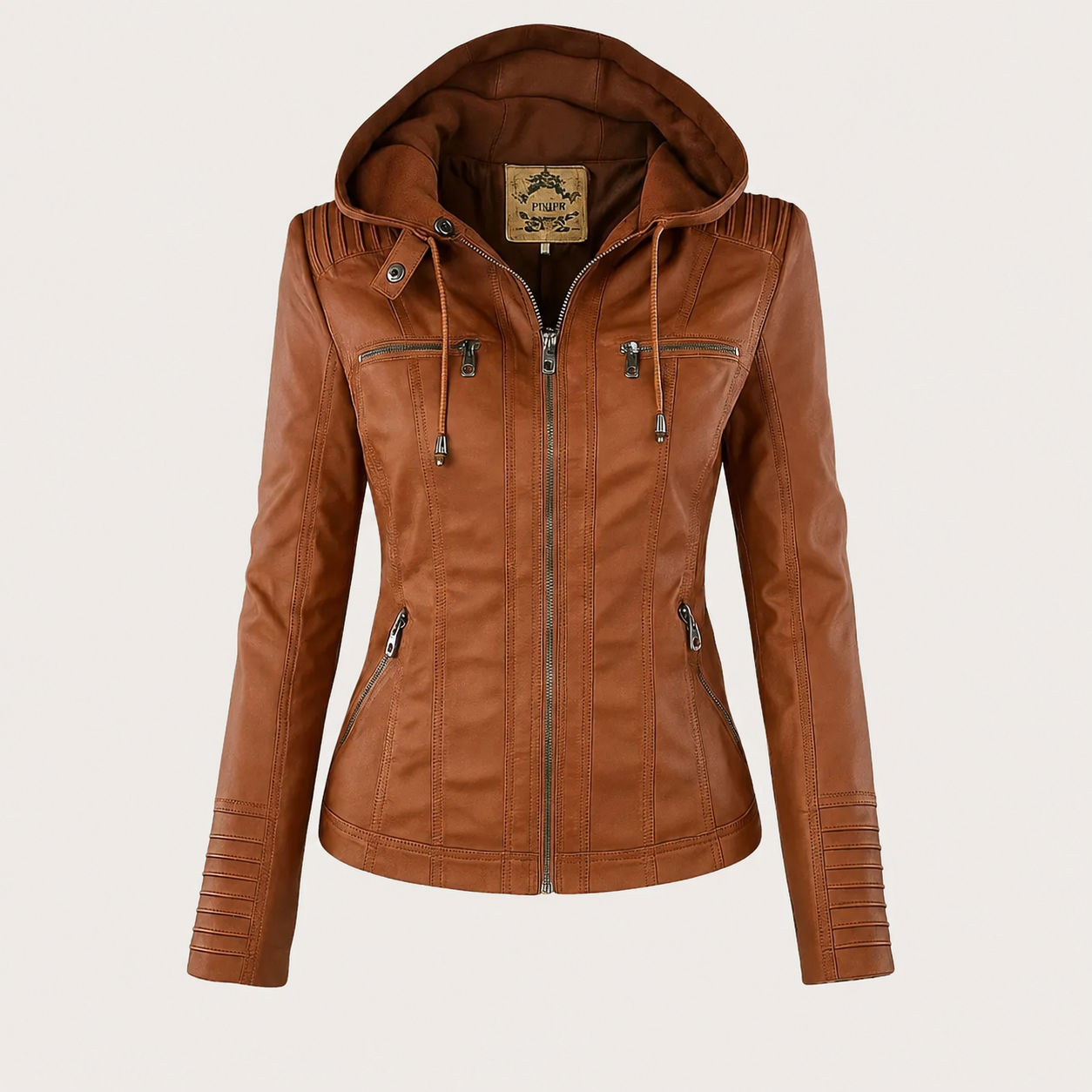 Diane hooded leather jacket with feminine fit, shown in light brown, black and dark brown