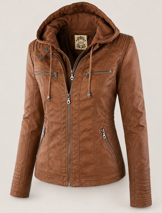 Diane hooded leather jacket with feminine fit, shown in light brown, black and dark brown