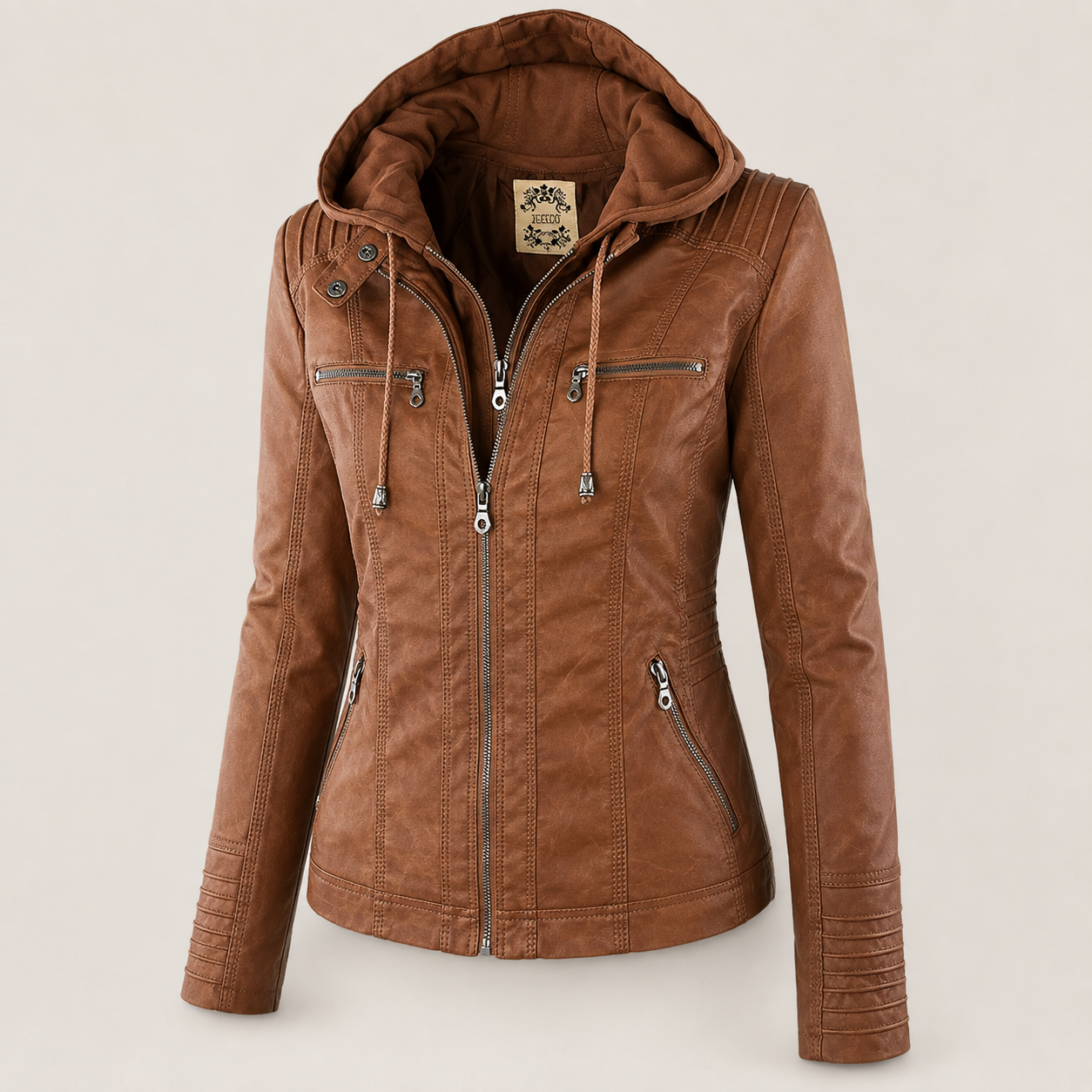 Diane hooded leather jacket with feminine fit, shown in light brown, black and dark brown