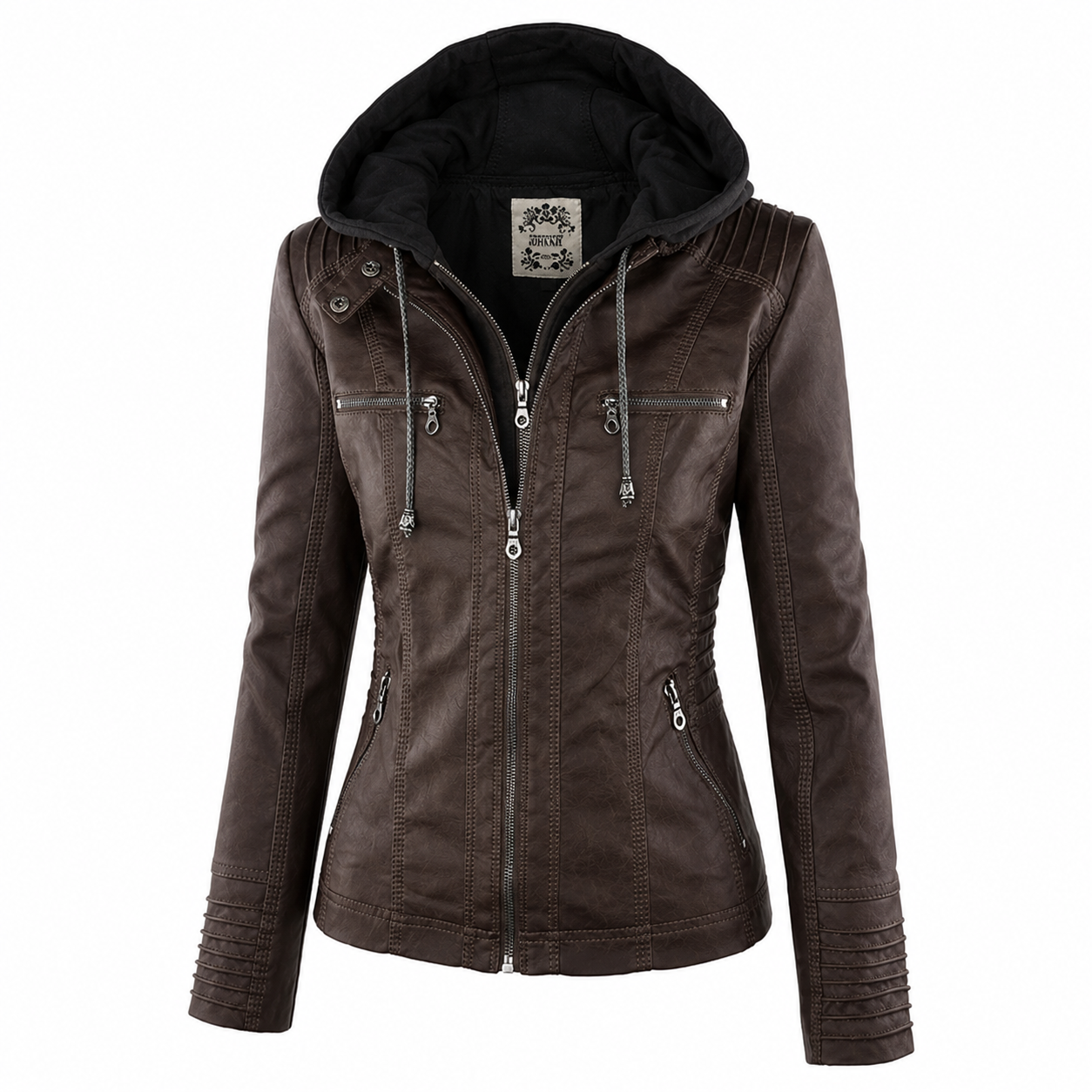 Diane hooded leather jacket with feminine fit, shown in light brown, black and dark brown