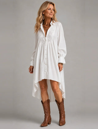 White lace detail long sleeve shirt mini dress with irregular hem