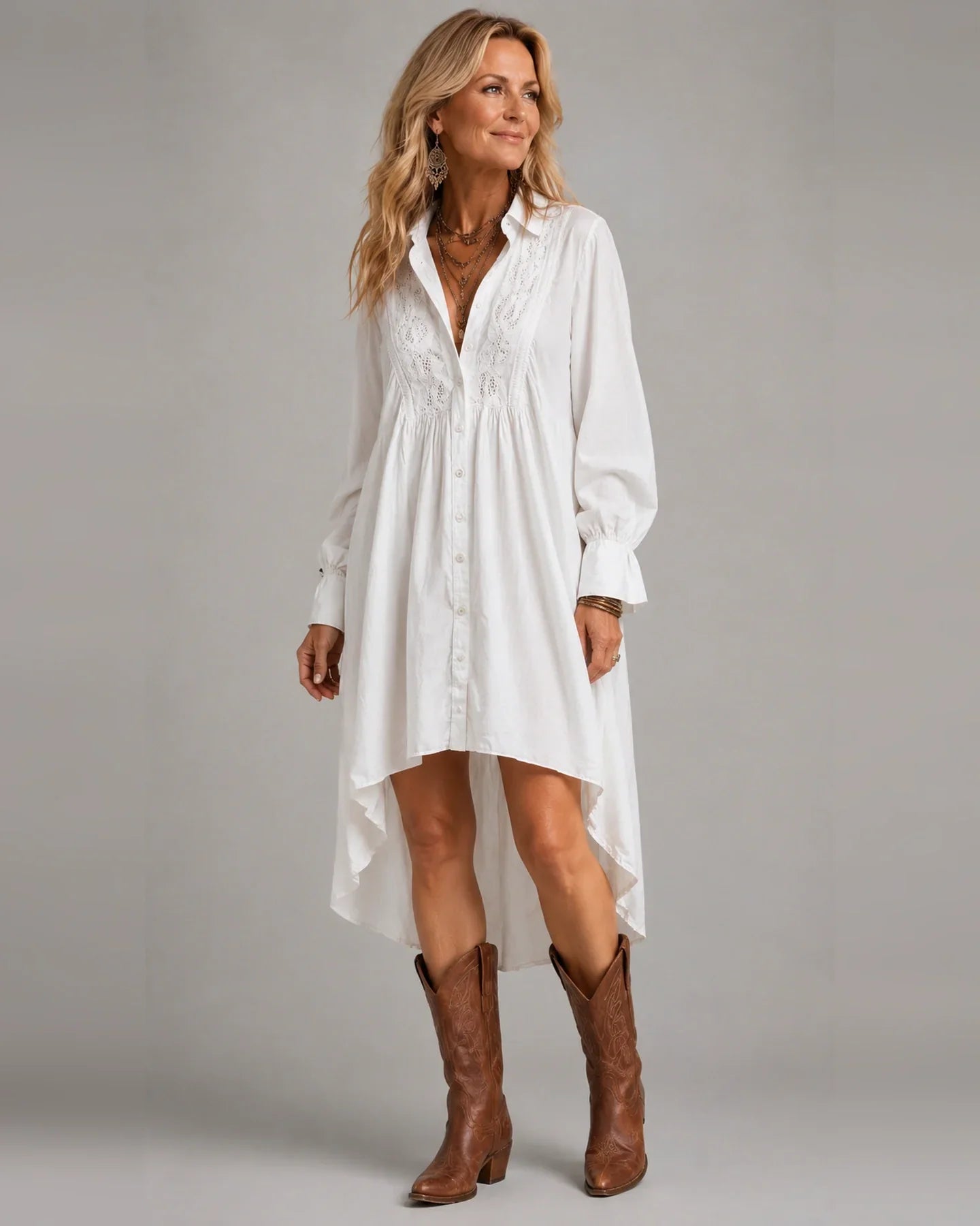 White lace detail long sleeve shirt mini dress with irregular hem