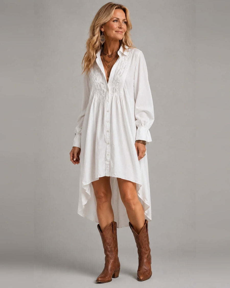 White lace detail long sleeve shirt mini dress with irregular hem