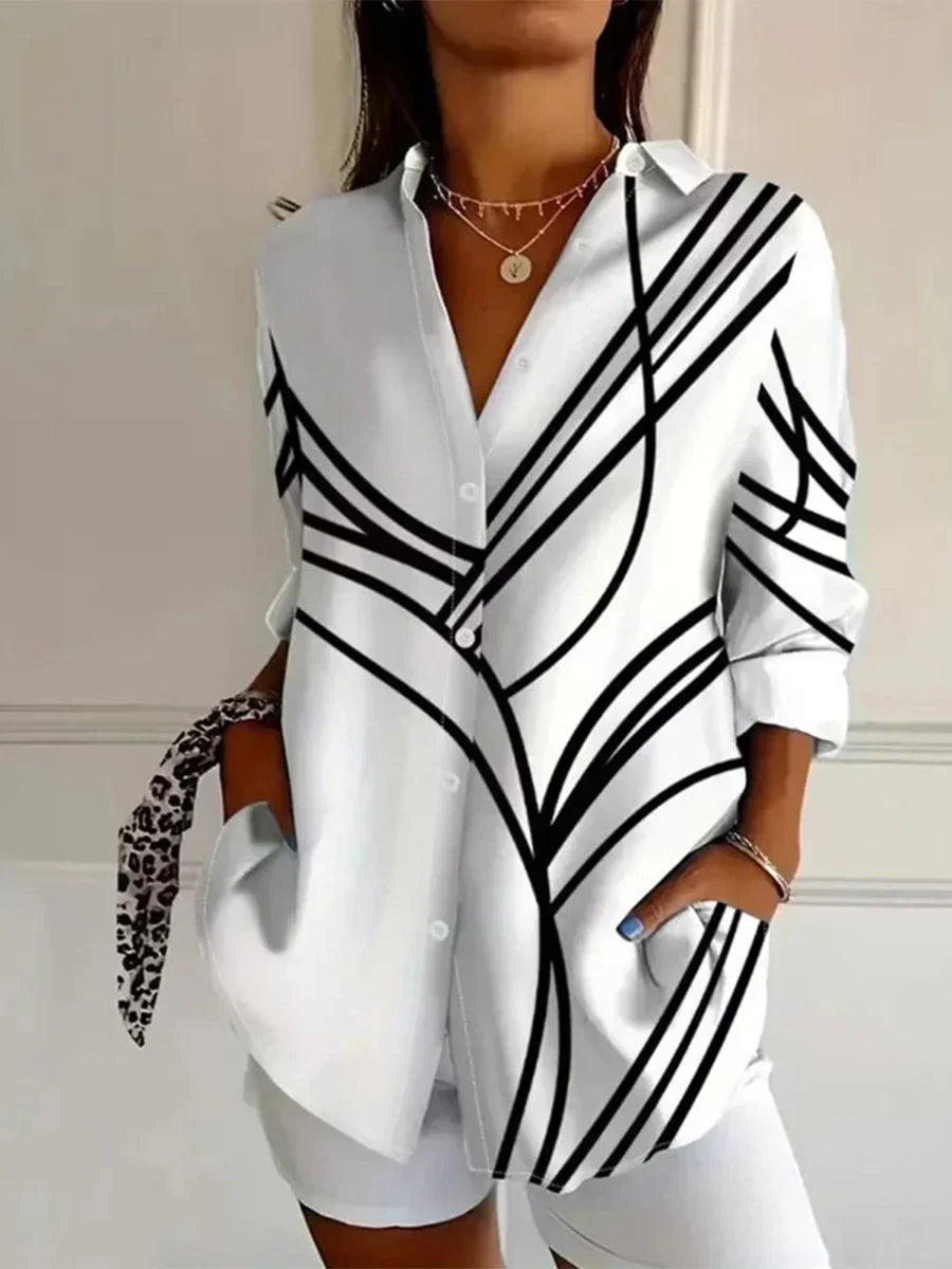 Abstract stripe lapel-neck long sleeve loose blouse for women