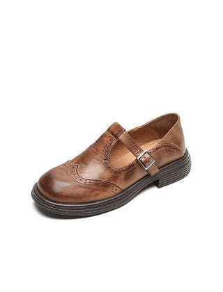 Women's leather T-strap Mary Jane brogue shoes with low block heel in brown and black