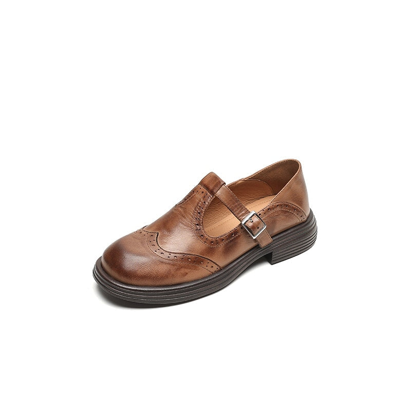 Women's leather T-strap Mary Jane brogue shoes with low block heel in brown and black