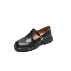 Women's leather T-strap Mary Jane brogue shoes with low block heel in brown and black