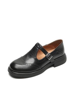 Women's leather T-strap Mary Jane brogue shoes with low block heel in brown and black