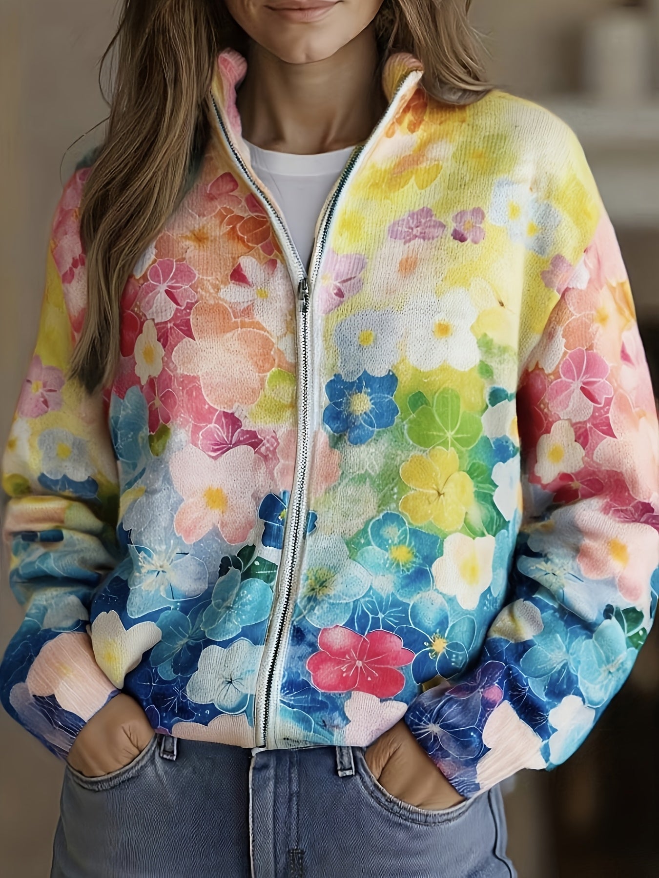 Watercolour floral ombre zip cardigan with relaxed bomber fit and ribbed collar, cuffs and hem