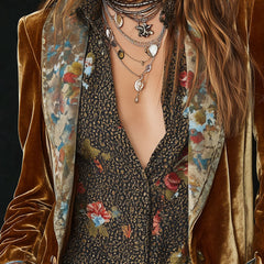 Brown vintage floral patchwork blazer with structured lapel for women