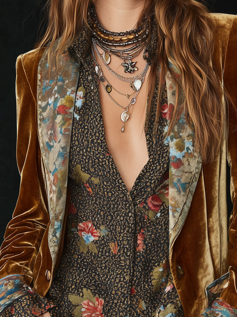 Brown vintage floral patchwork blazer with structured lapel for women