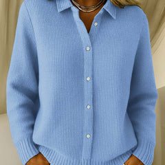 Women's collared button-front long sleeve sweater with ribbed cuffs and hemline