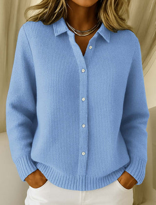 Women's collared button-front long sleeve sweater with ribbed cuffs and hemline