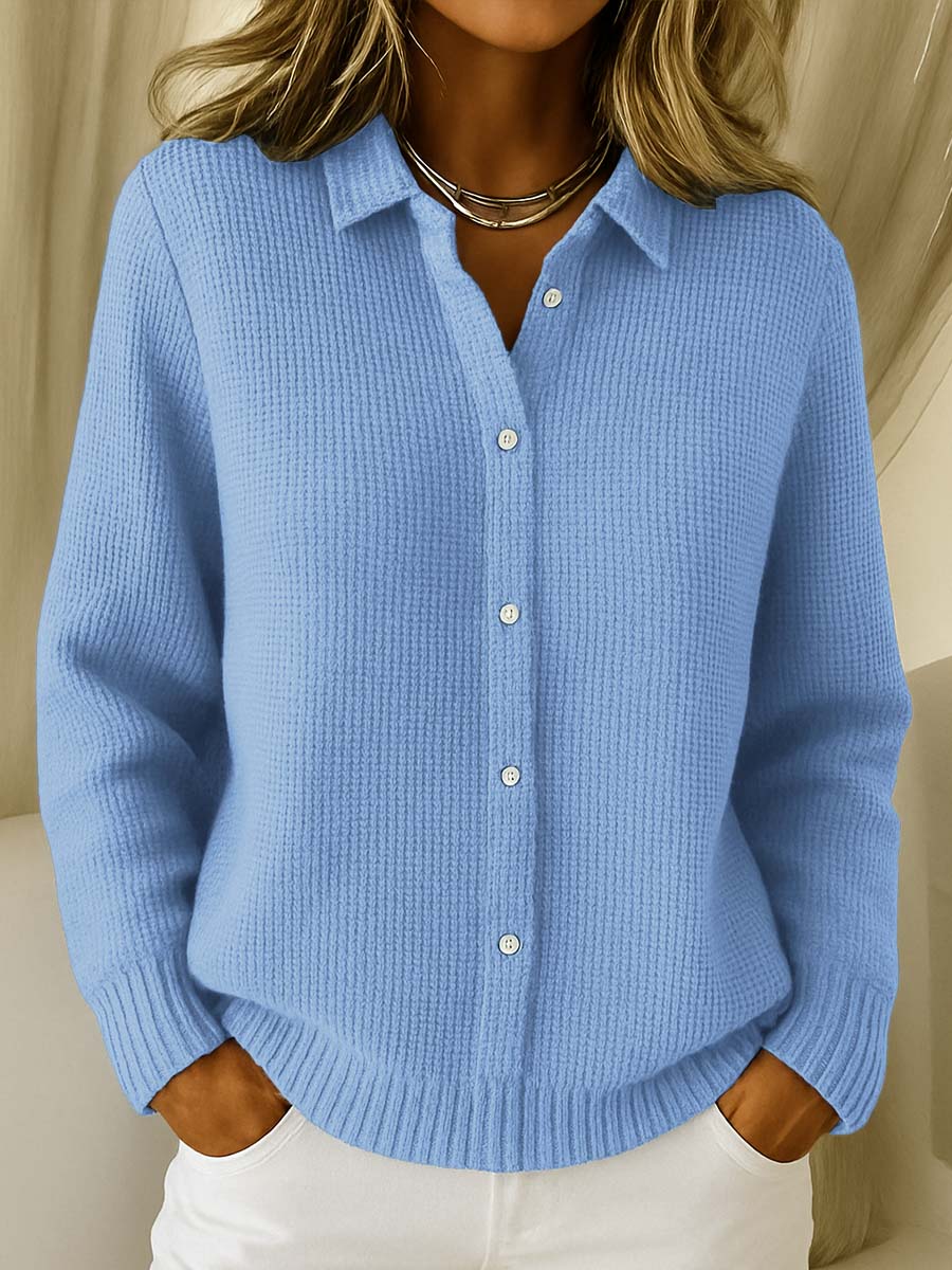 Women's collared button-front long sleeve sweater with ribbed cuffs and hemline