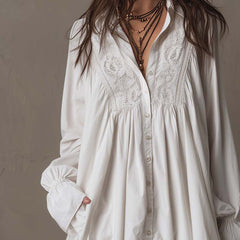 White lace detail long sleeve shirt mini dress with irregular hem
