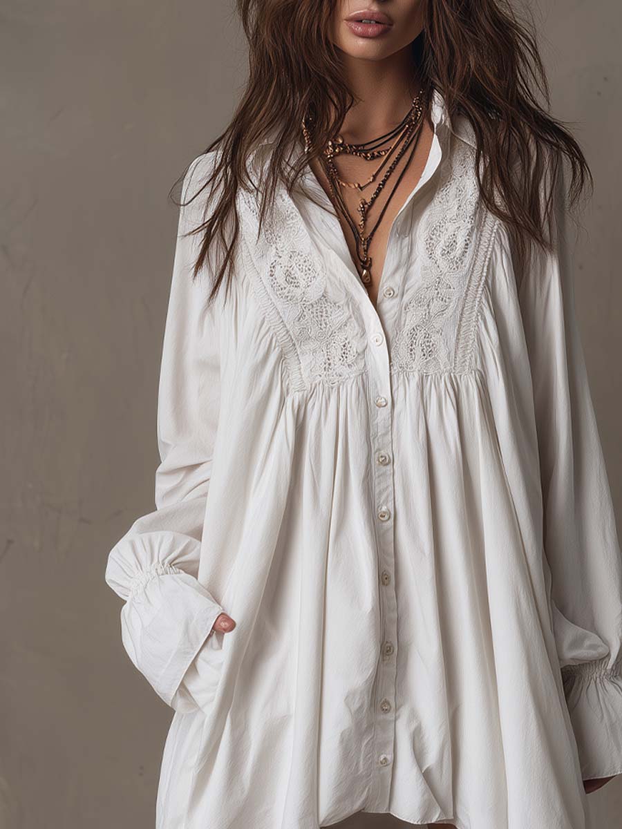 White lace detail long sleeve shirt mini dress with irregular hem