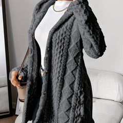 Women's hooded longline cardigan with button-front closure and raised textured surface