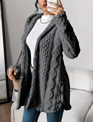 Women's hooded longline cardigan with button-front closure and raised textured surface