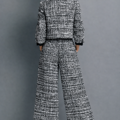 Tweed two-piece set with cropped jacket and high-waisted wide-leg trousers