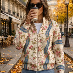 Ivory zip cardigan with pink climbing roses, blue ribbon bands and gold scrollwork detailing