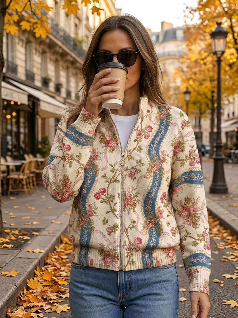 Ivory zip cardigan with pink climbing roses, blue ribbon bands and gold scrollwork detailing