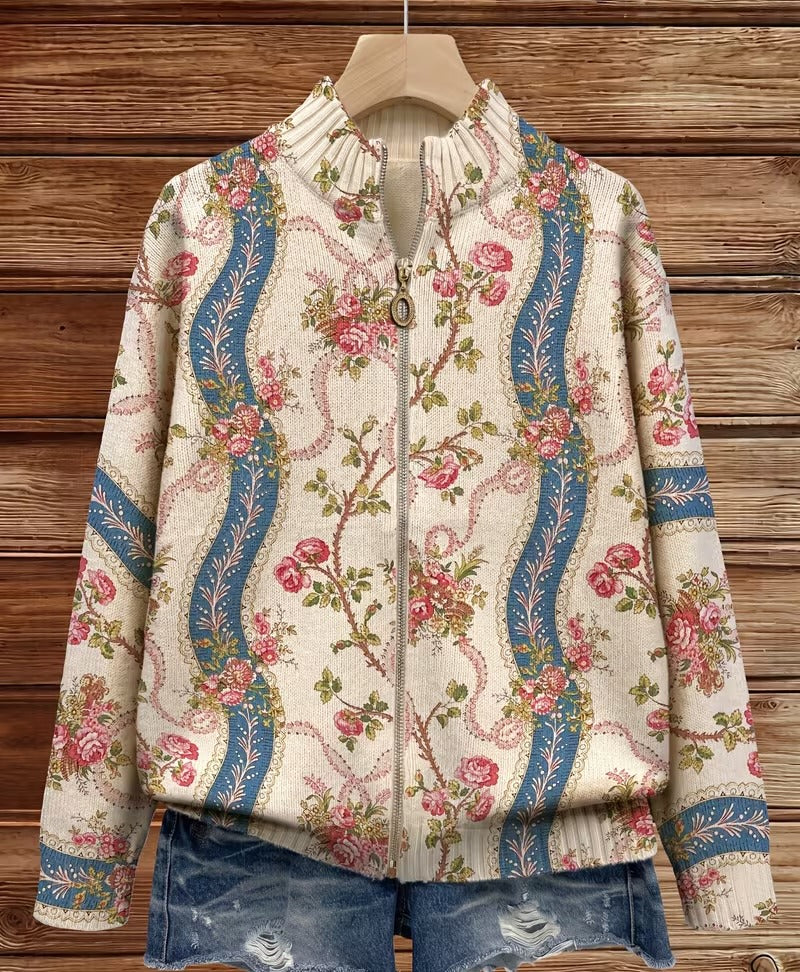 Ivory zip cardigan with pink climbing roses, blue ribbon bands and gold scrollwork detailing