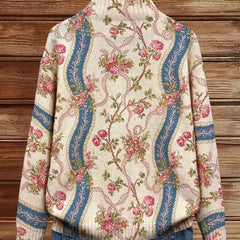 Ivory zip cardigan with pink climbing roses, blue ribbon bands and gold scrollwork detailing